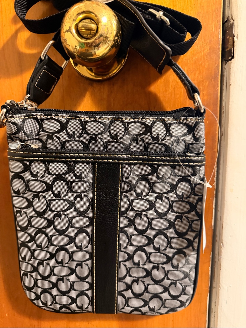Patterned Black & Gray Crossbody Bag with Leather Trim